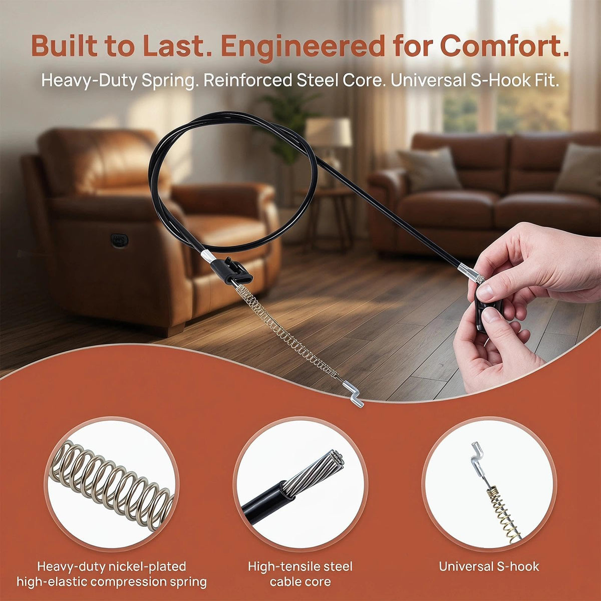 JIESHEPR 2 Pcs Recliner Chair Cable Replacement with Metal Pull Handle, Durable Sofa Release Lever Kit Compatible with Massage Chairs
