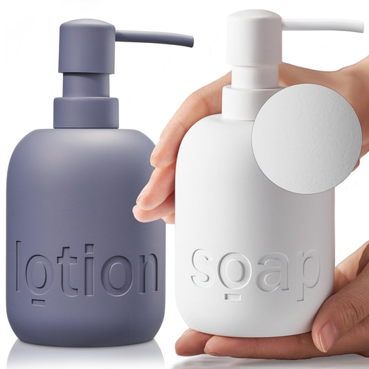 COZYA Soap and Lotion Dispenser Set. 2x 260ml Polyresin Soap Dispensers with Ceramic Texture. Refillable Hand Wash and Lotion Dispenser Bottles with