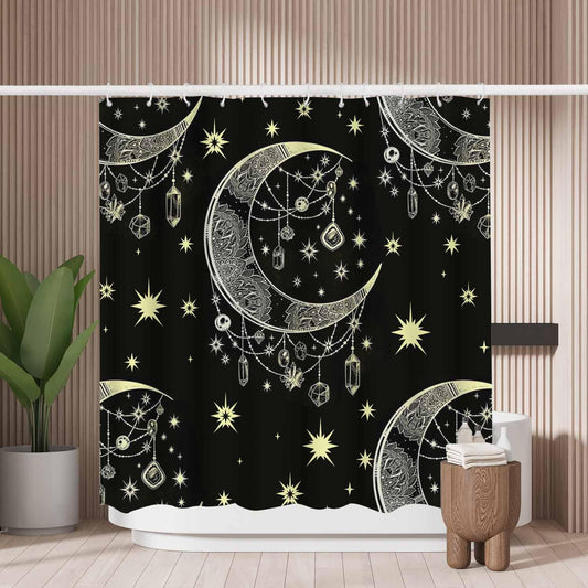 Woutay Shower Curtain Water Repellant Fabric Hand Draw Moon,Mould Proof Resistant,Polyester,with 12 Plastic Hooks