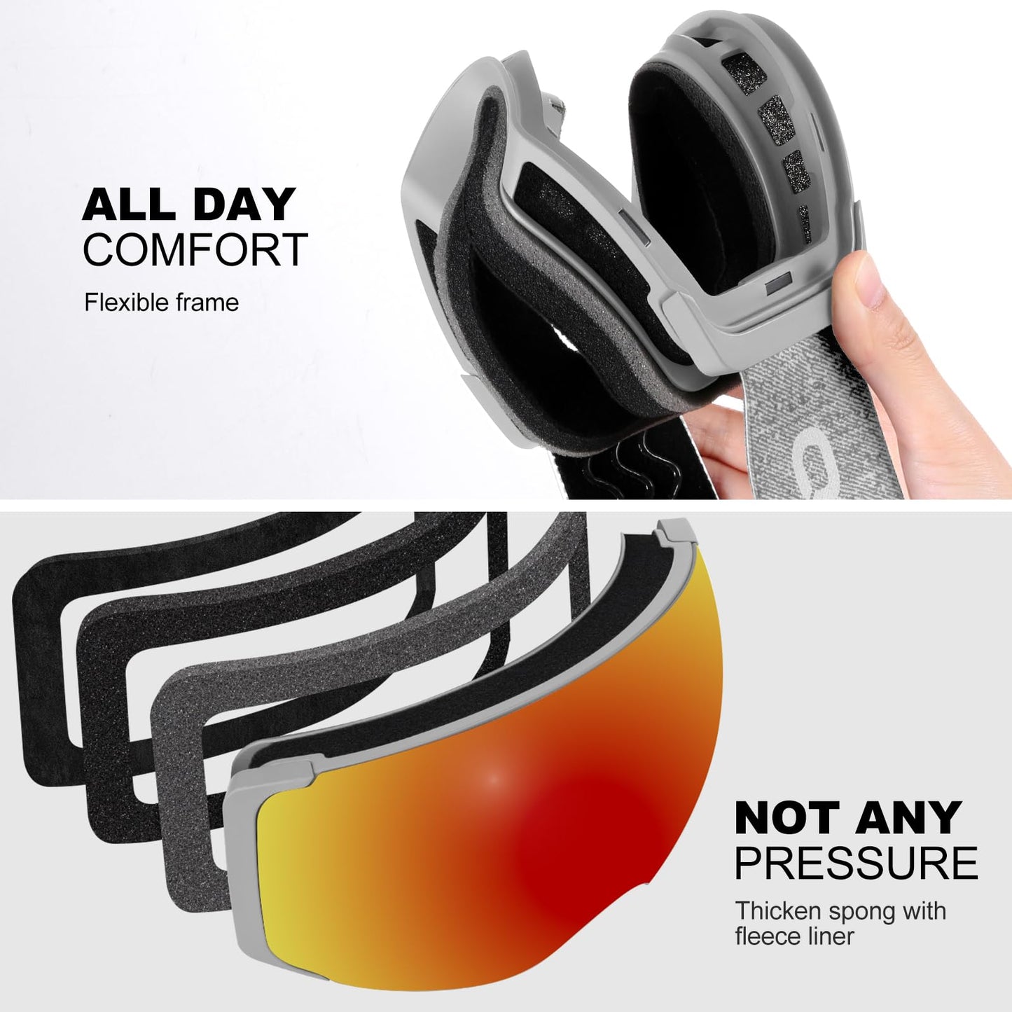 Odoland OTG Ski Goggles Set with Detachable Lens, Frameless Interchangeable Magnetic Lens for Skiing Skating Snowboard, Anti-Fog and UV400 Protection