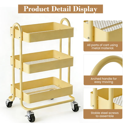 Mordchil EU 3 Tier Metal Utility Cart with Lockable Wheels for Storage, Rolling Utility Trolley Storage Cart for Home & Office, Khaki