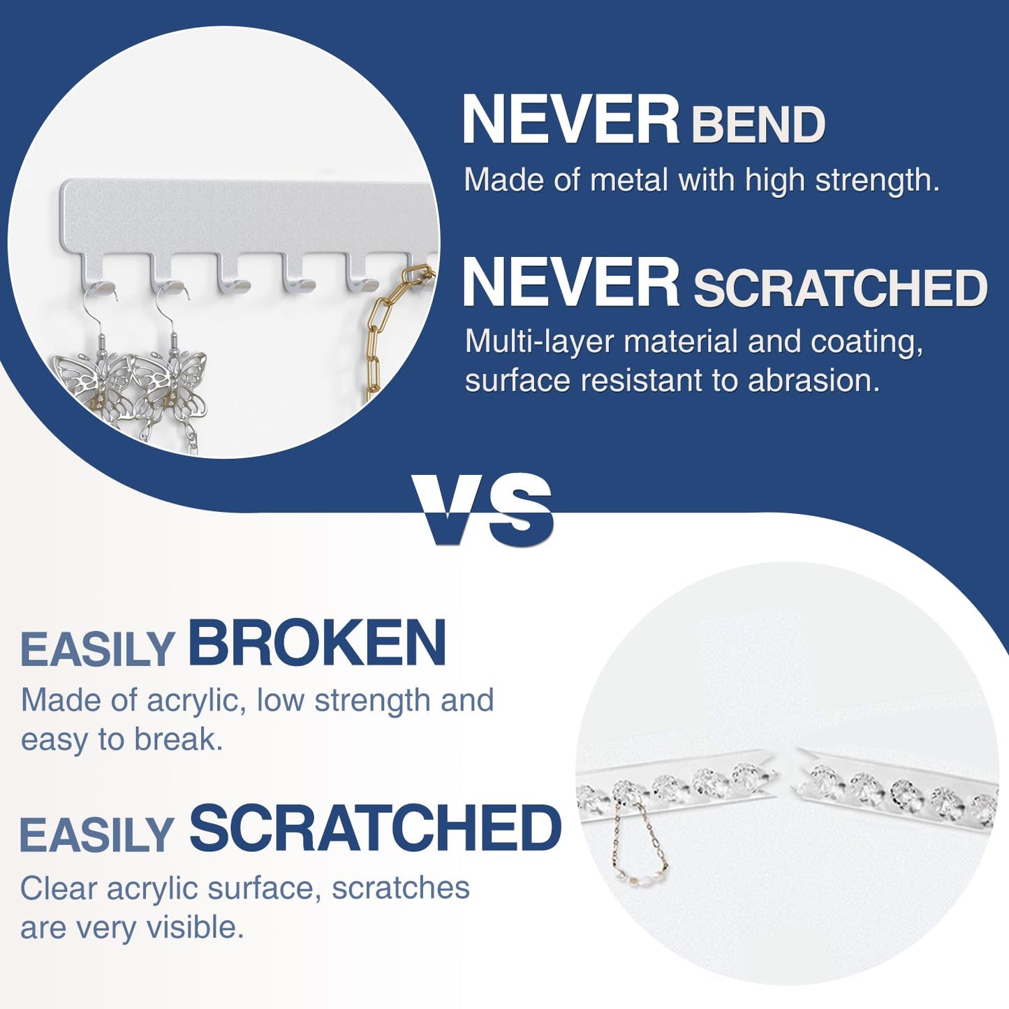 Josmimic Wall Necklace Organizer Holder: Wall Mounted Jewelry Hanging Storage Necklaces Display Hanger Painted Silver 2 PCS