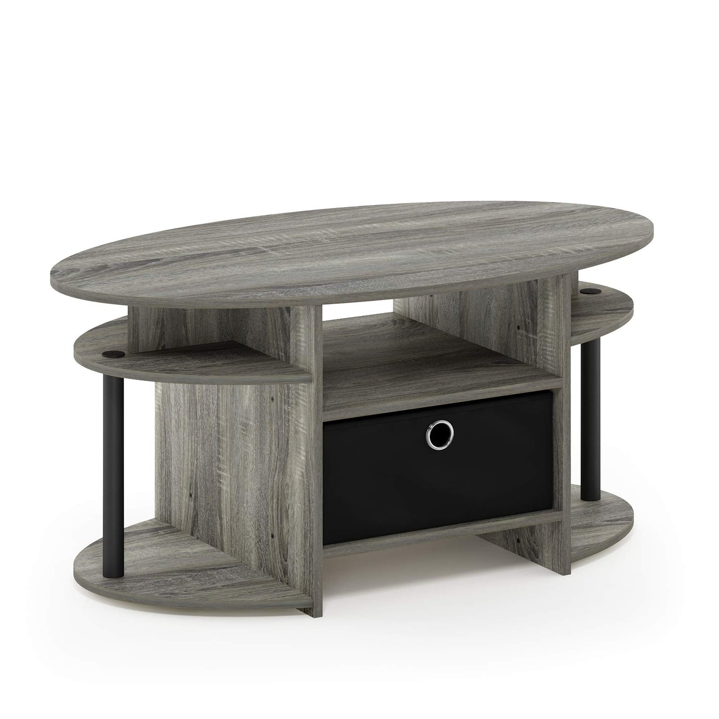 Furinno JAYA Coffee Table, Oval Modern Coffee Table with Shelves and Storage Bin, Side Table, for Living Room, Bedroom, Home Office, French Oak