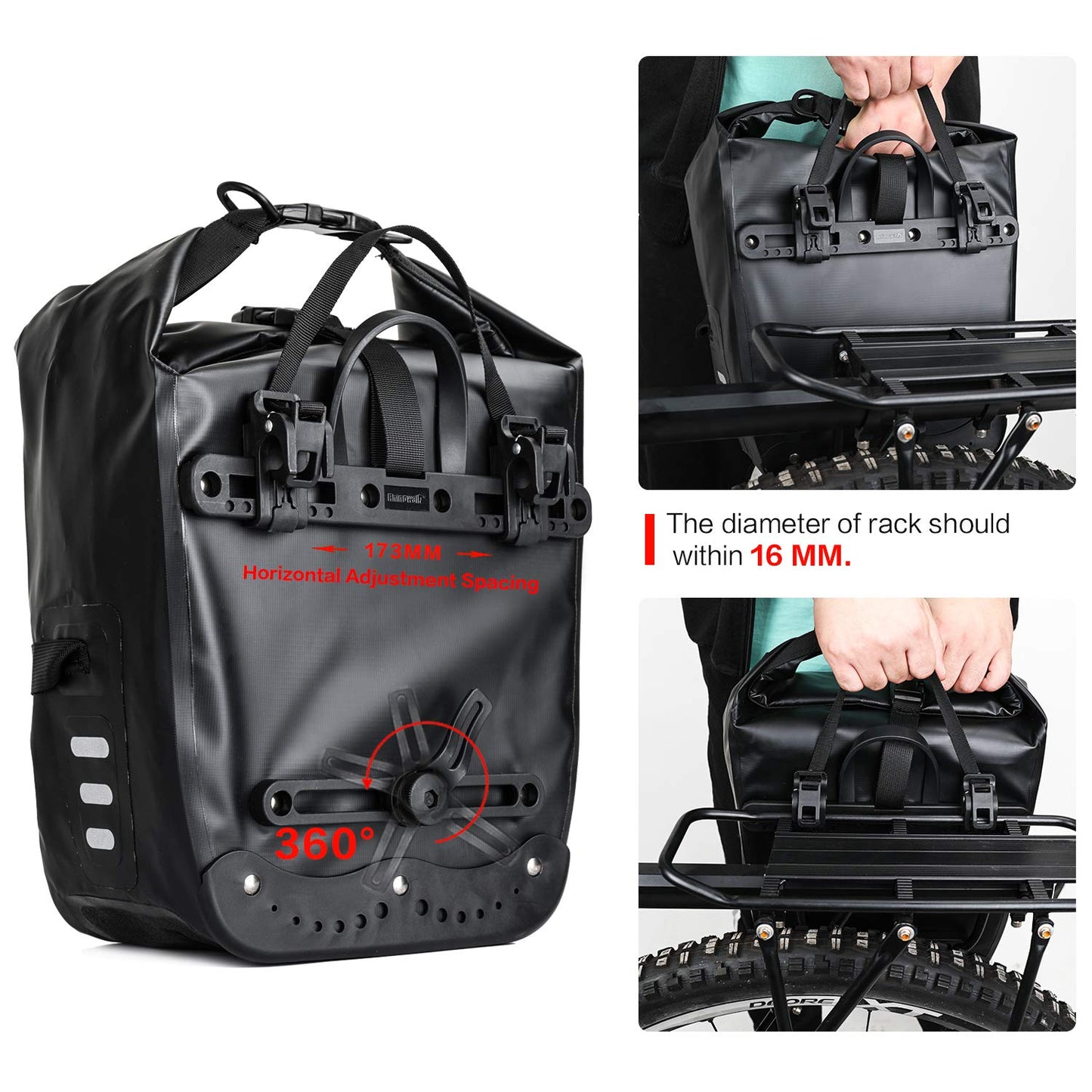 Rhinowalk Bike Bag Waterproof Bicycle Pannier Rear Seat Bag for Cycling Bicycling Traveling Riding, Black