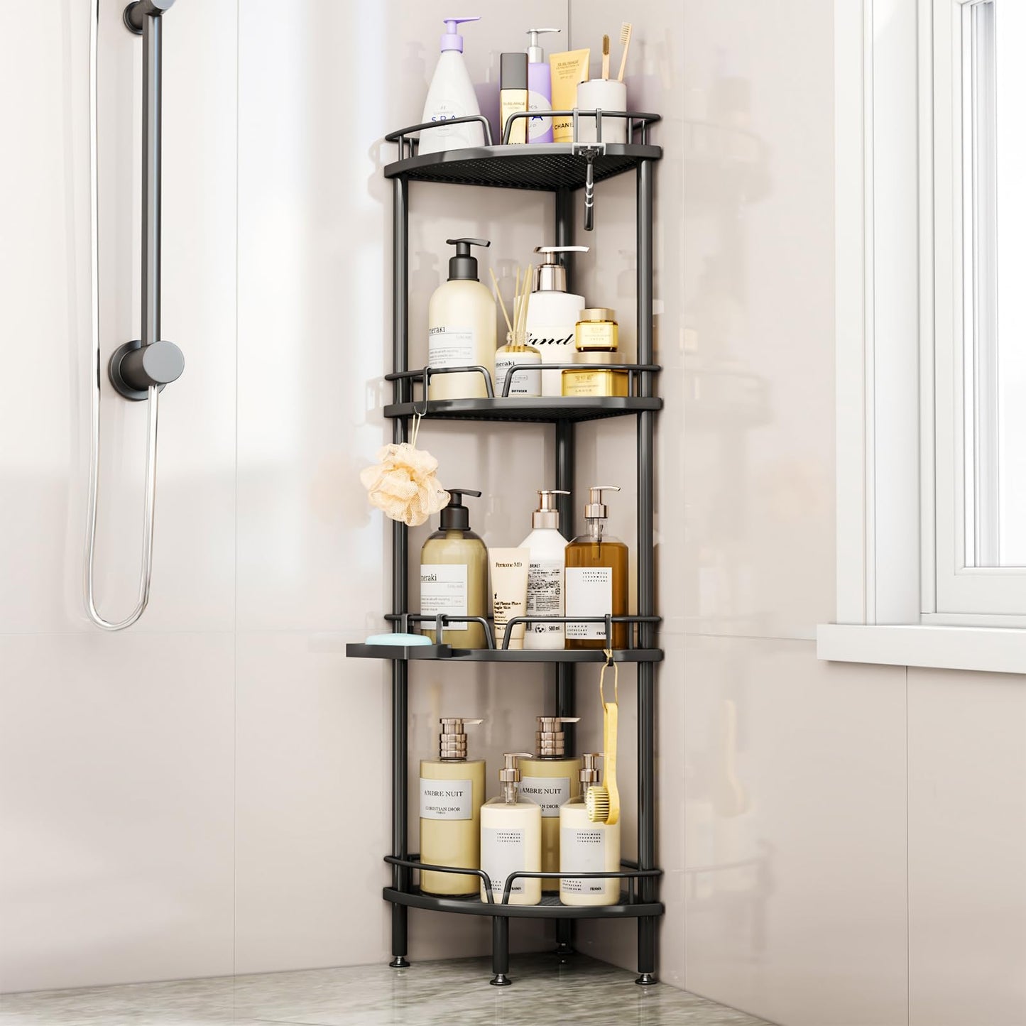 SWTYMIKI Corner Shower Caddy - 4 tier Bathroom Corner Shelf Shower Organizer Corner with 4 Hooks, Rust Free Standing Shower Caddy with Soap