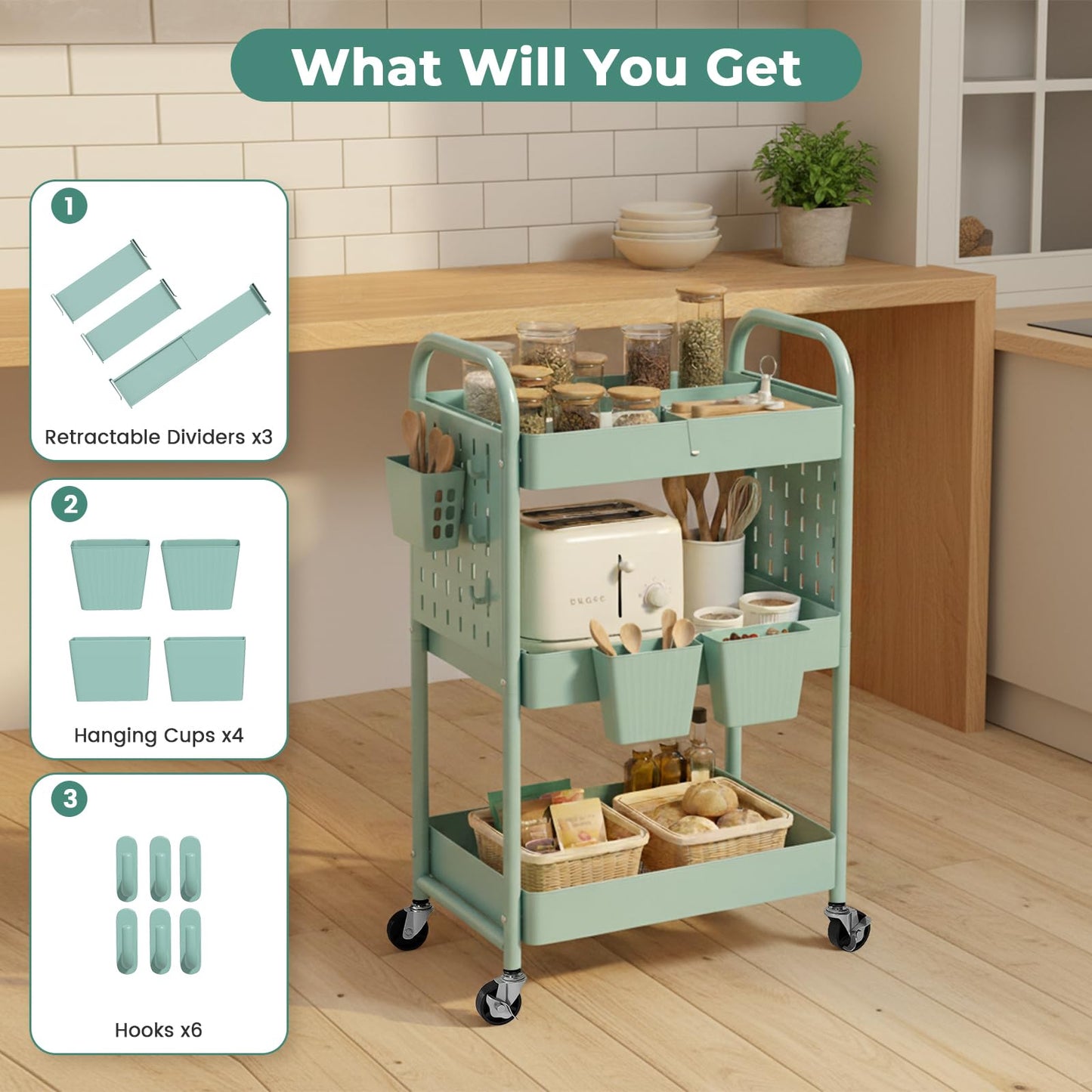danpinera 3 Tier Rolling Cart, Metal Utility Cart with DIY Pegboard, Rolling Carts with 3 Dividers