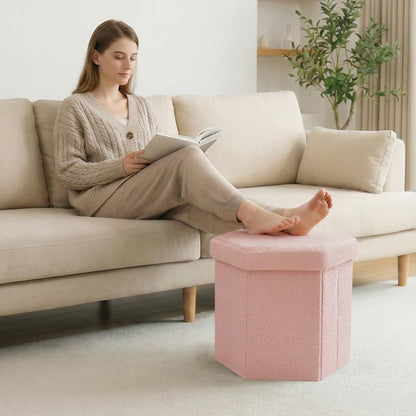 PINPLUS Boucle Ottoman Storage, Hexagonal Foldable Footrest, Pink