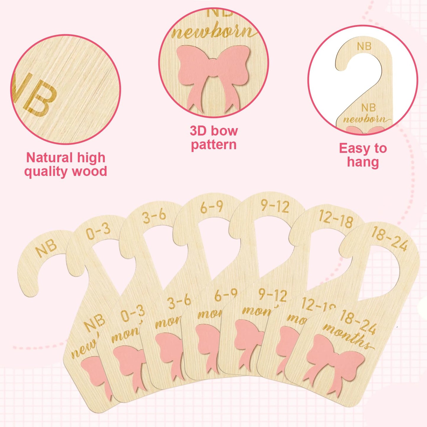 7Pcs Wooden Baby Wardrobe Dividers, 3D Coquette Pink Bow Baby Clothes Dividers from Newborn to 24 Month
