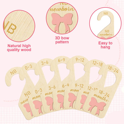7Pcs Wooden Baby Wardrobe Dividers, 3D Coquette Pink Bow Baby Clothes Dividers from Newborn to 24 Month