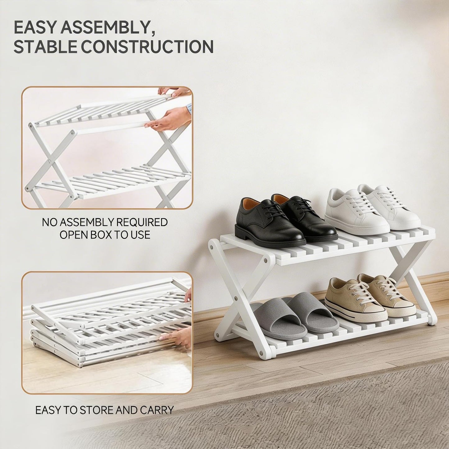 Momleix Folding Shoe Rack White, 2 Tier Shoe Shelf Without Installation, Sturdy Bamboo Storage Organiser for Entryway Closet, Dorm and Small Spaces
