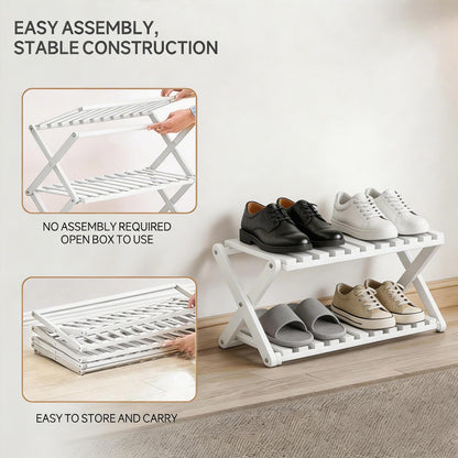 Momleix Folding Shoe Rack White, 2 Tier Shoe Shelf Without Installation, Sturdy Bamboo Storage Organiser for Entryway Closet, Dorm and Small Spaces