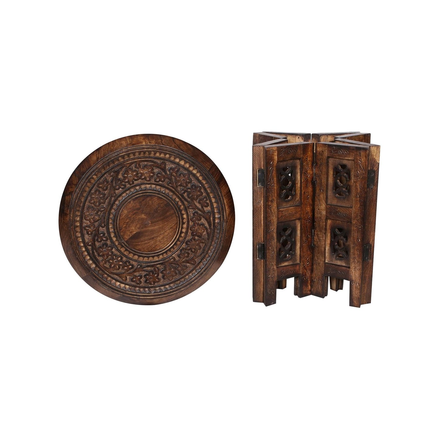 topfurnishing Beautiful Round Hand Carved Indian Shesham Wooden Coffee Table Side Brown Small 12"x12"x12" 30.5cm