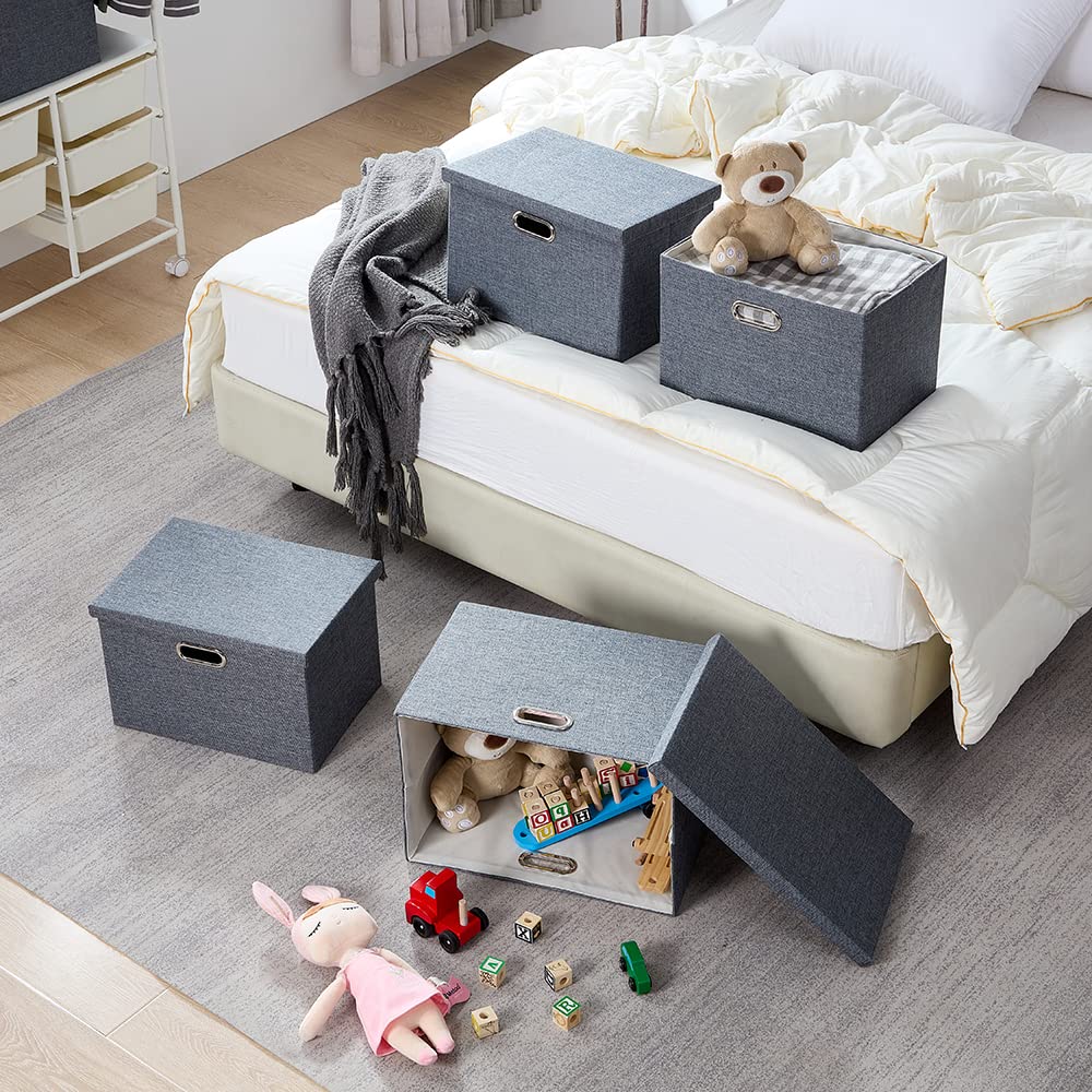 AlphaHome Fabric Storage Box with Lid, Collapsible Linen Fabric Storage Baskets with Galvanized Metal Handle, Set of 3 (Slate Grey, XLarge - 3 Pack)