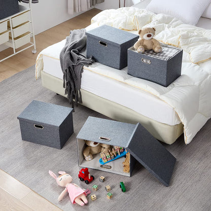 AlphaHome Fabric Storage Box with Lid, Collapsible Linen Fabric Storage Baskets with Galvanized Metal Handle, Set of 3 (Slate Grey, XLarge - 3 Pack)