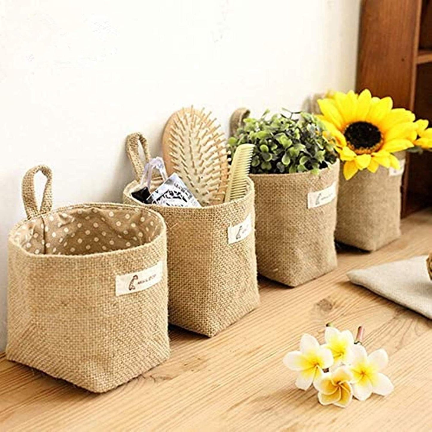Hanging Small Storage Baskets 4pcs Cotton Linen Storage Bag with Handle