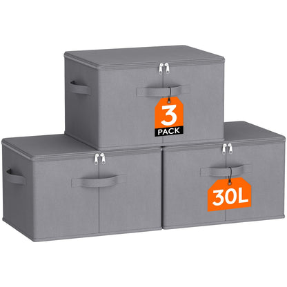 Lifewit Wardrobe Storage Box with lid, 30L, 40x30x25 cm, Grey, 3 Pack