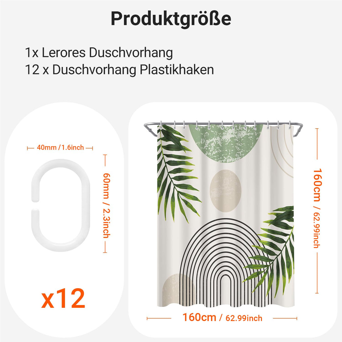 Lerores Shower Curtain, 160 x 160 cm, Green Leaves Line, Weighted Hem, Anti-Mould Textile, Water-Repellent
