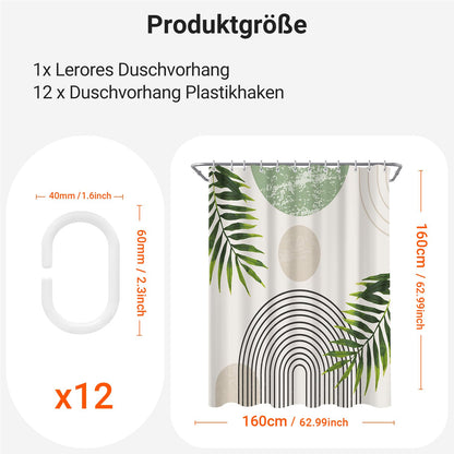 Lerores Shower Curtain, 160 x 160 cm, Green Leaves Line, Weighted Hem, Anti-Mould Textile, Water-Repellent
