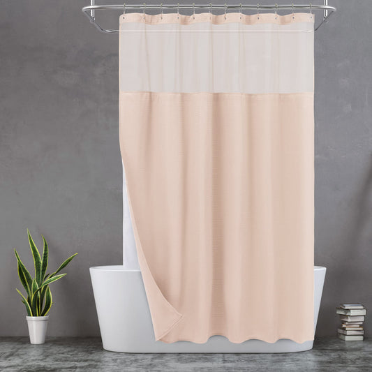 N&Y HOME Waffle Weave Pink Shower Curtain with Snap-in Fabric Liner & 12 Metal Hooks Set - Hotel Style, Waterproof & Washable, Heavyweight Fabric &