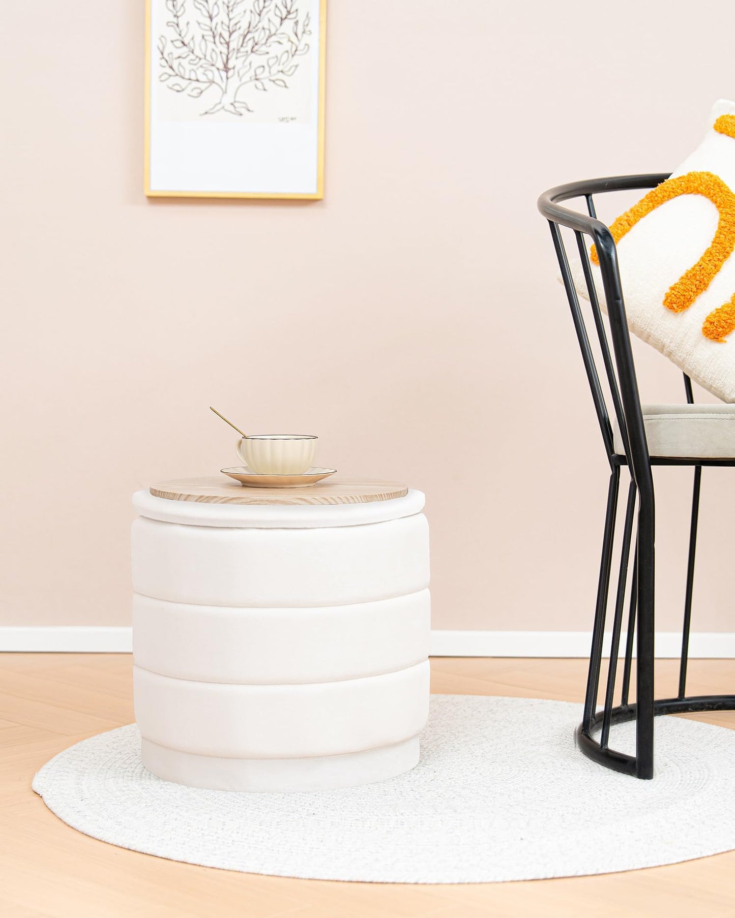 Bonlife Storage Ottoman Round - Folding Foot Rest with Hidden Storage, Cream Velvet 39x39x37cm for Living Room, Bedroom & Hallway