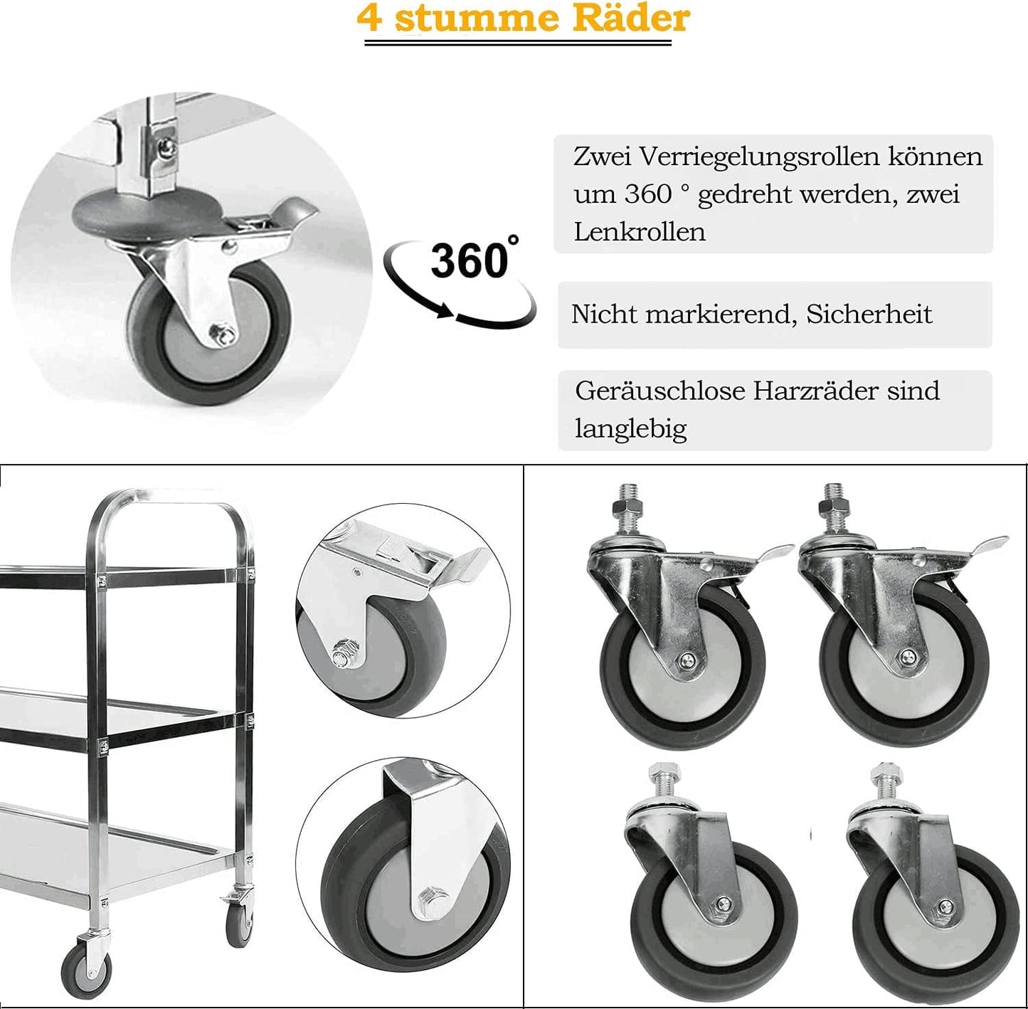 ybaymy Serving Trolley, Stainless Steel, 3 Shelves, 80 cm Height, Wheels with Brake, Food Trolley for Hotel Restaurant Kitchen