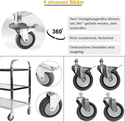ybaymy Serving Trolley, Stainless Steel, 3 Shelves, 80 cm Height, Wheels with Brake, Food Trolley for Hotel Restaurant Kitchen