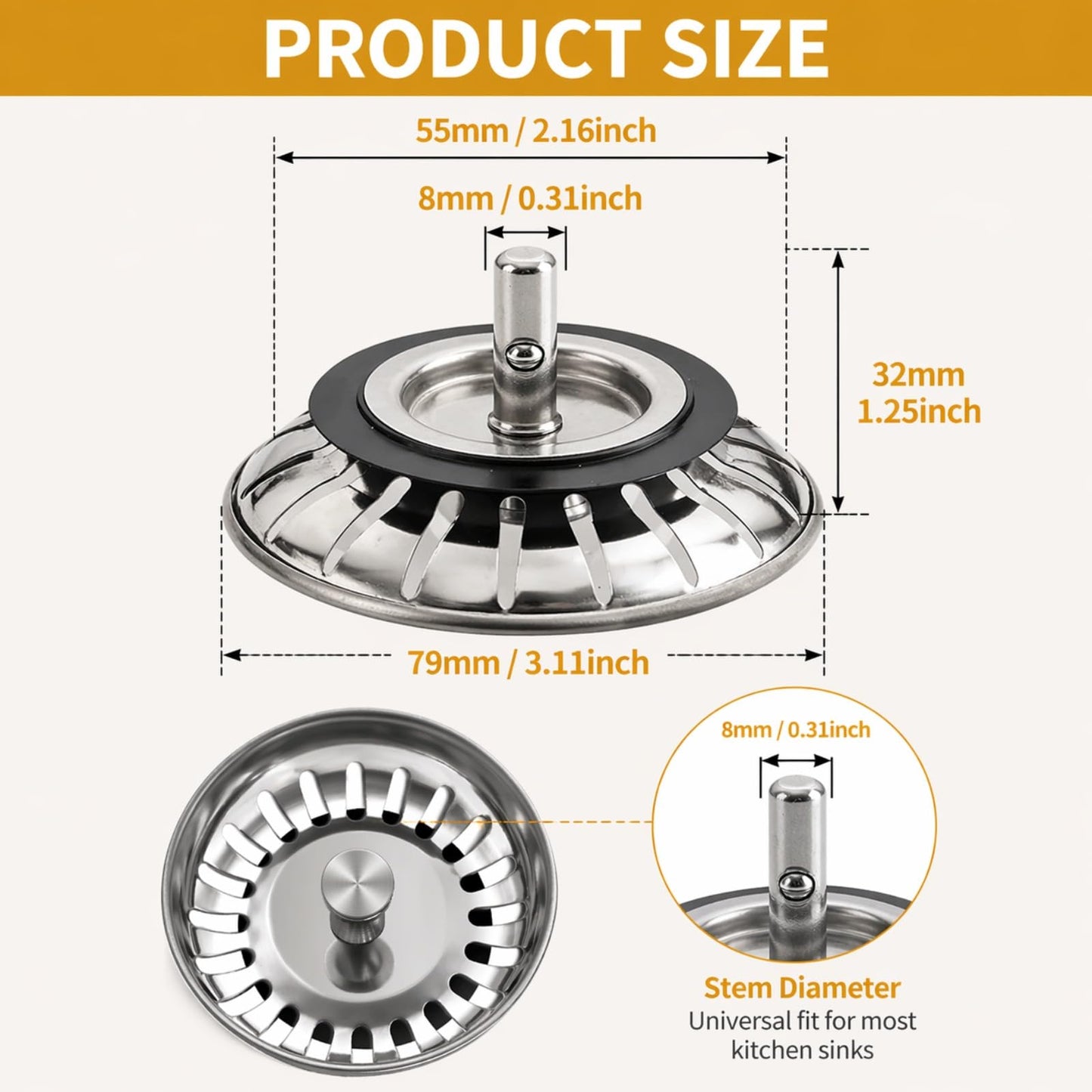 78mm Universal Stainless Steel Kitchen Sink Strainer and Stopper, 2 in 1 Anti Clog Rust Resistant Replacement Sink Plug for Kitchen Bathroom Laundry