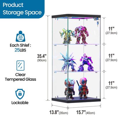FREDEES Glass Display Cabinet with RGB Lights, 3-Tier, Black