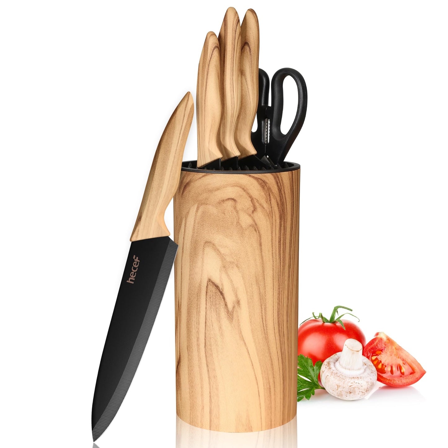 hecef 6 Piece Kitchen Knife Set ? Stainless Steel Chef Knives with Universal Block, Olive Wood Grain Handle, Ultra Sharp & Ergonomic Design for Home