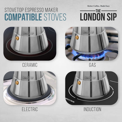 The London Sip Stainless Steel Induction Stovetop Espresso Maker - Make Cafe Quality Italian Style Coffee at Home with This Premium Moka Pot in Modern
