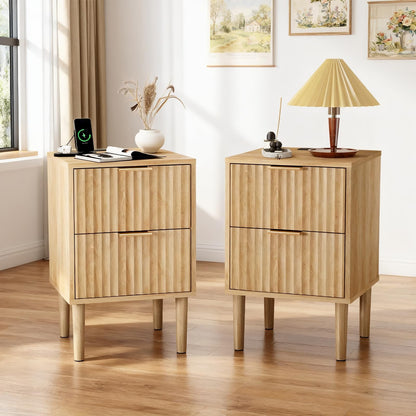 Karl home Bedside Table Set of 2, Wood Grille Nightstand Side End Table,Oak