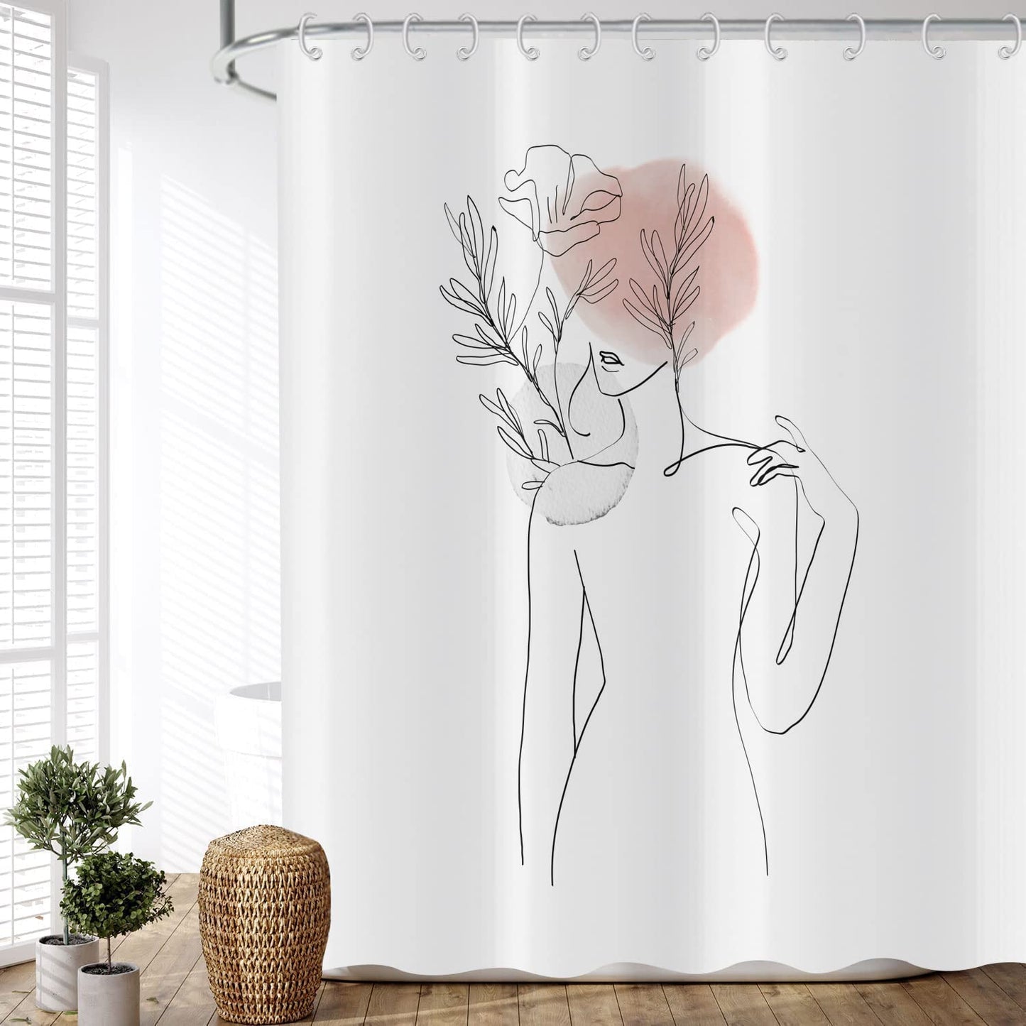 ASDCXZ Shower Curtain Boho Style 180x200 cm, Modern Abstract Art Minimalism Girl Body Curve Flower Leaves Washable Shower Curtains Textile Waterproof