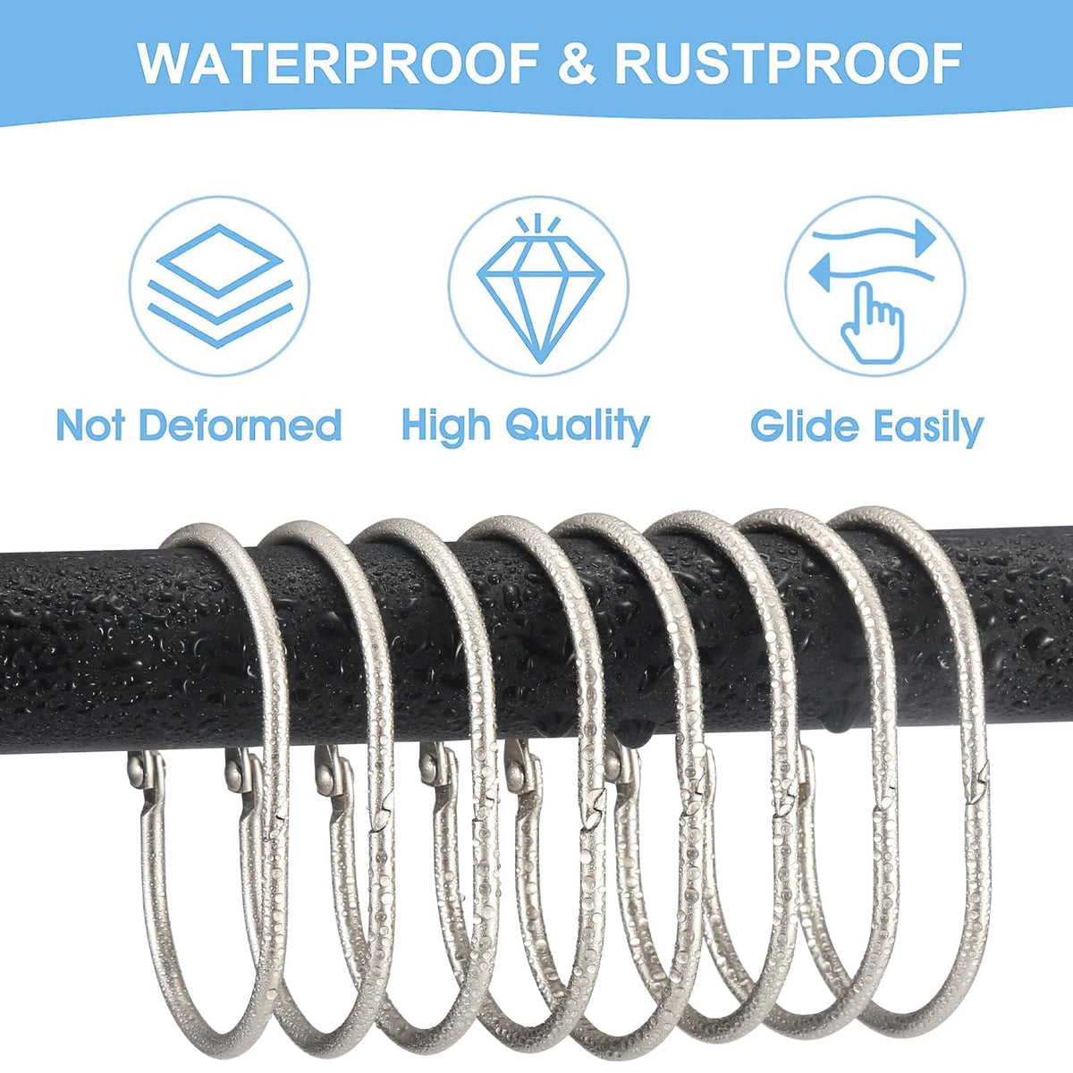 Goowin Shower Curtain Hooks, 12 Pcs Shower Curtain Rings Rust Proof Metal Oval Rings Clasp Closed Shower Curtain Rings for Bathroom Shower Rods
