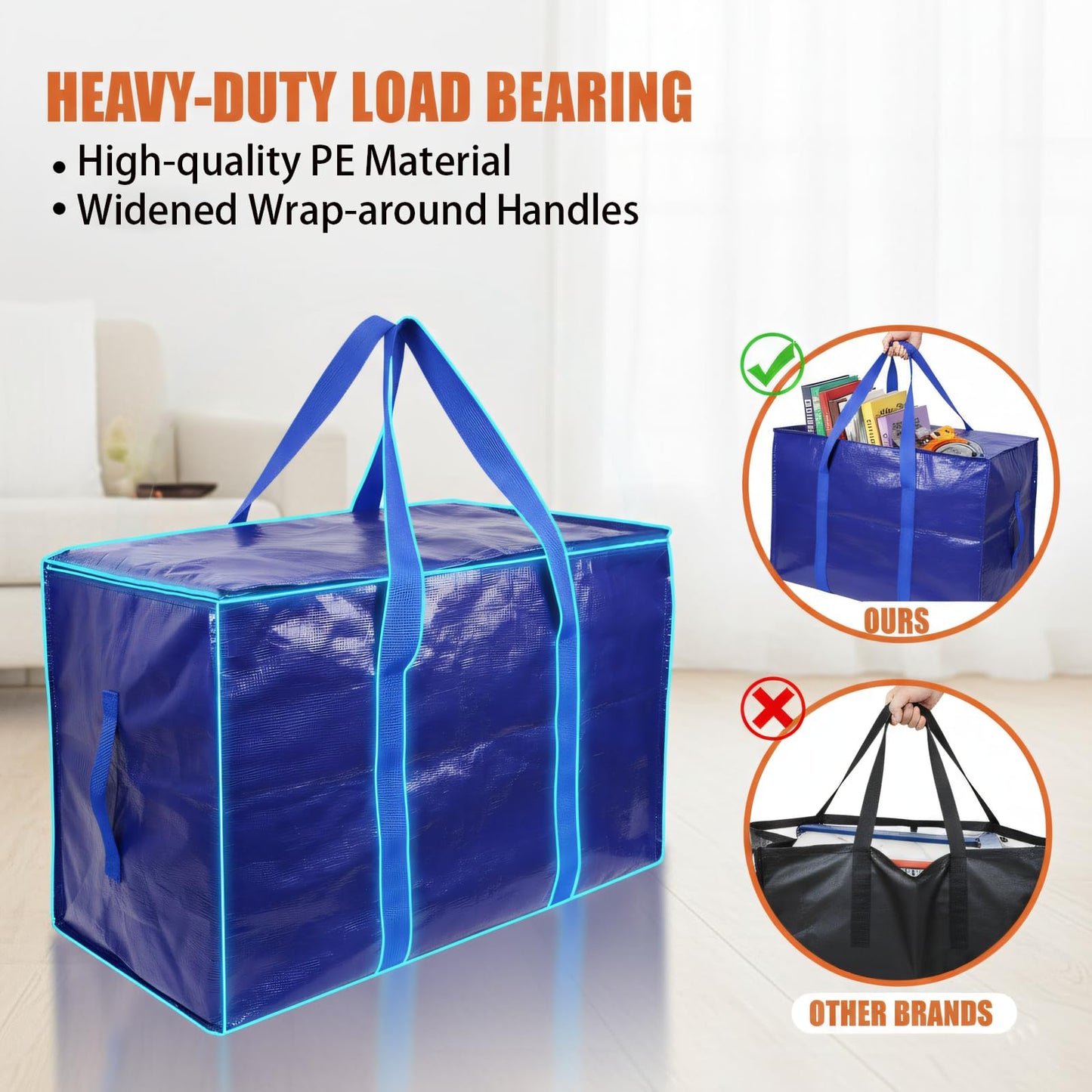 Snugkin Large Storage Bags 6 Pack 91L Moving Bags with Zips & Handles Heavy Duty Storage Boxes with Lids Water-Resistant Packing Bags for Home