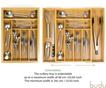 budu Cutlery Tray #50 (Depth 50 cm) Made of Bamboo - Drawer Organiser System for the Kitchen - Cutlery Tray for Bamboo Drawers - Extendable - Kitchen