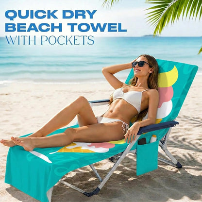 Surwin Sun Lounger Towel with Pockets, 3D Juice Print Quick Dry Beach Towel, Microfiber Sunbed Towels Travel Lounger Bag for Loungers Summer Holiday
