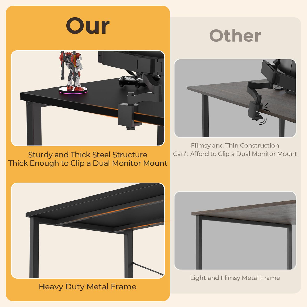 iSunirm 47 inch Gaming Desk with Power Outlets & LED Lights, Black Computer Desk with Ergonomic Monitor Stand