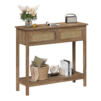 Trironsun Boho Rattan Console Table with 2 Drawers 2 Tier Entryway Table Farmhouse Wood Sofa Table with Open Storage Shelf for Living Room Hallway