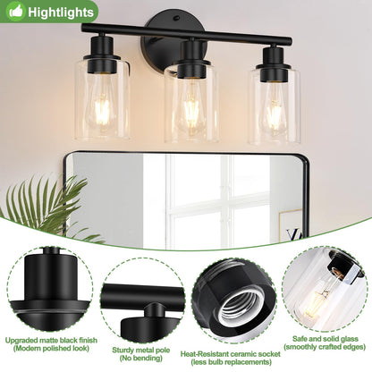 ZASTION 3-Light Bathroom Light Fixtures, Black Bathroom Wall Lights, Modern Bathroom Vanity Light with Clear Glass Shade, Bathroom Wall Lamp for