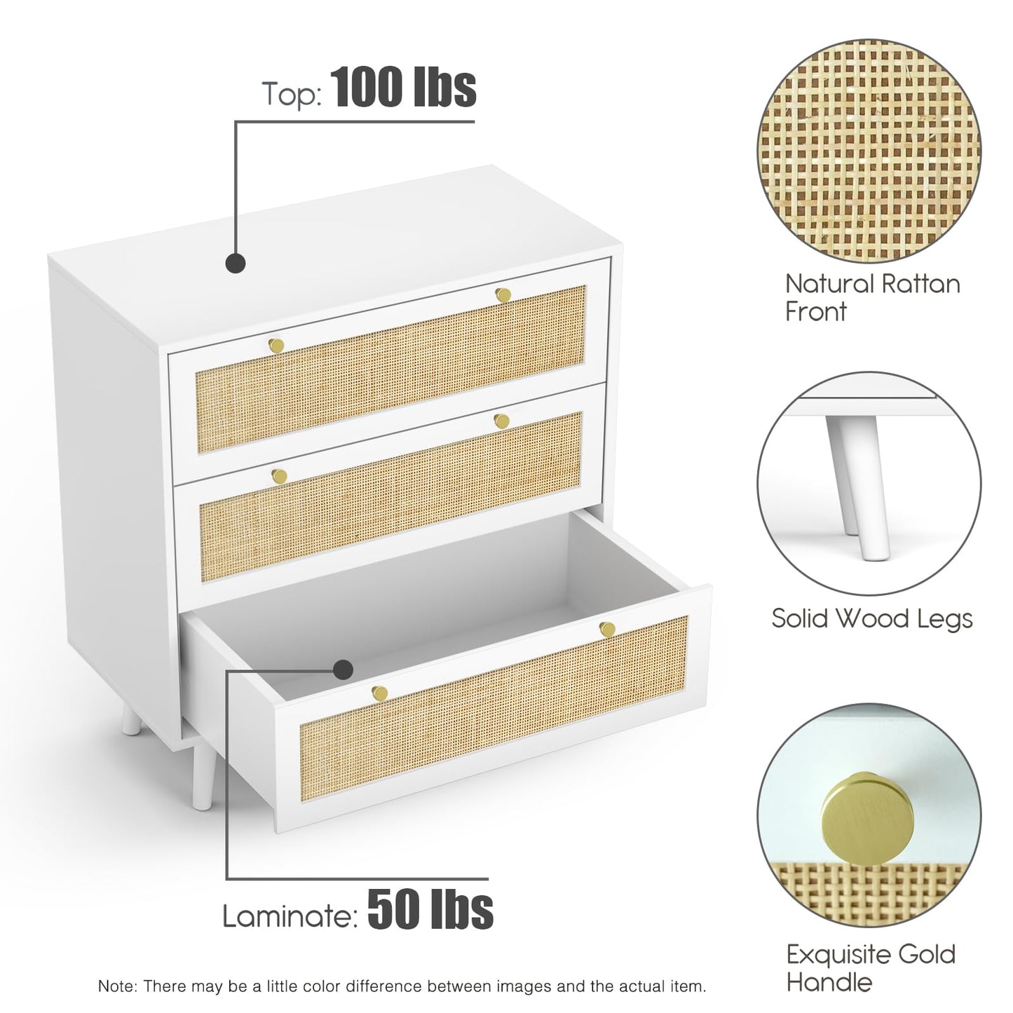 Skokliz White Chest of Drawers for Bedroom, Rattan 3 Drawer Storage Organiser Unit with Spacious Storage Cabinet Nursery Furniture, Living Room