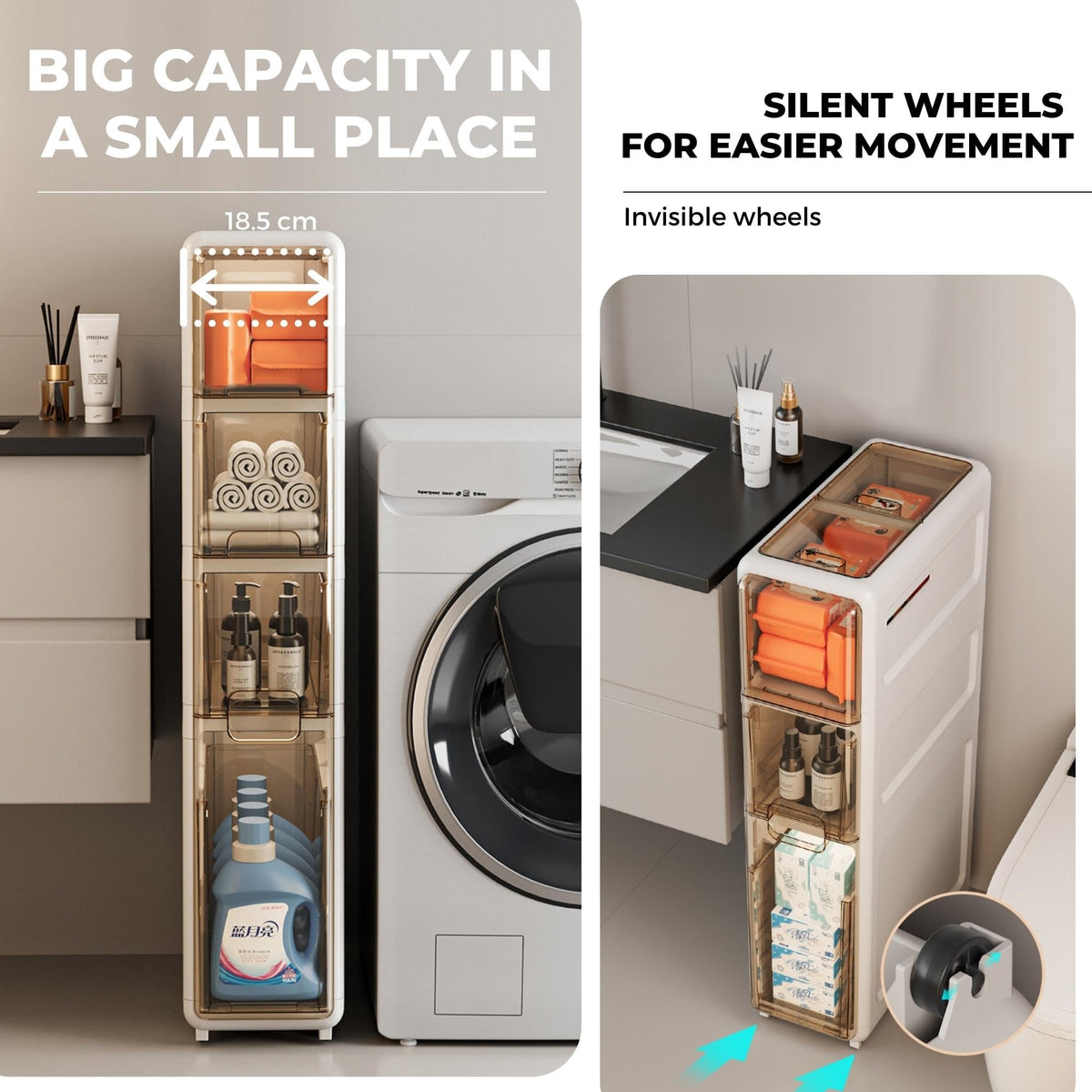 MAGIC SELECT Narrow Bathroom Organizer. Auxiliary Storage Furniture with Wheels for Narrow Places. Compact 4-Drawer Side Cabinet for Toilet Paper
