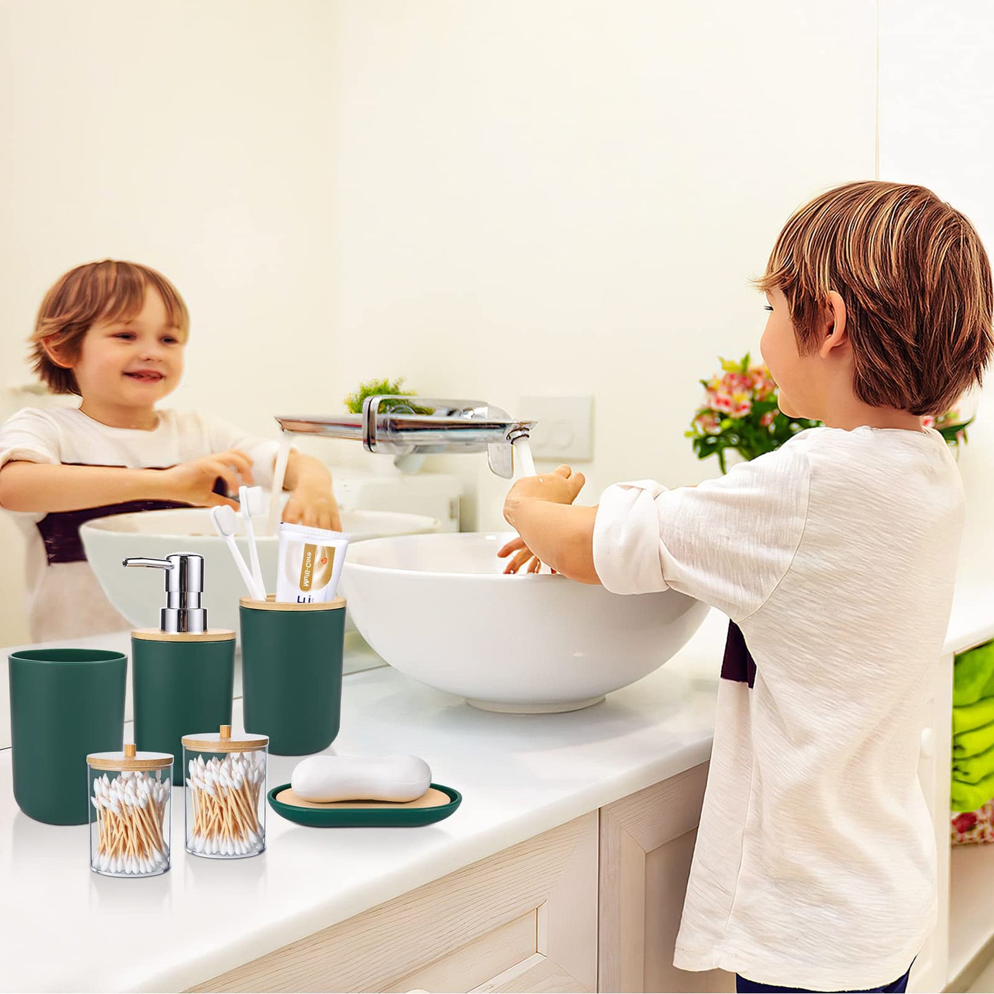 SLDIYWOW 9-Piece Dark Green Bathroom Accessories Set with Trash Can, Tray, Soap Dispenser, Toothbrush Holder, Toothbrush Cup, Soap Dish