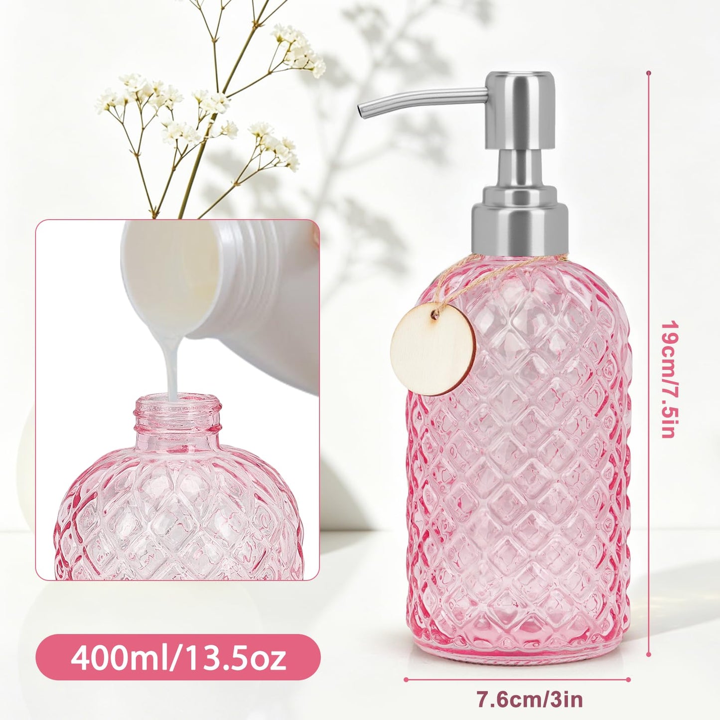 Topsky Glass Soap Dispenser with Silver Metal Pump 400ml Pink
