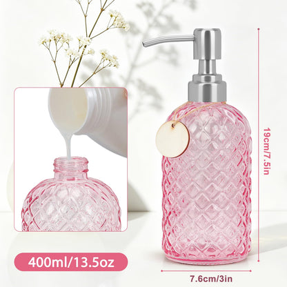 Topsky Glass Soap Dispenser with Silver Metal Pump 400ml Pink