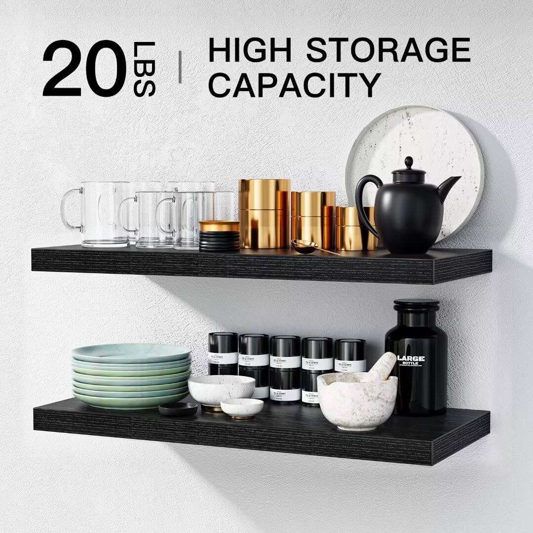 STOREMIC Floating Shelves Black Shelves 60cm, Set of 2 Shelves Easy to Install, Modern Decorative Wall Shelves with Large Storage for Bedroom,
