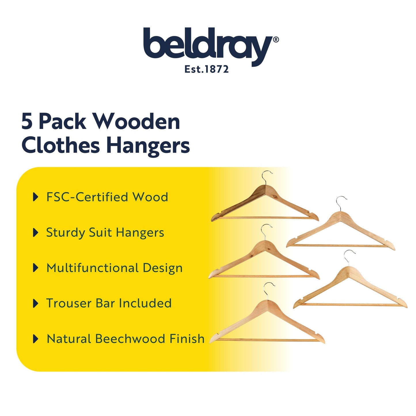 Beldray Wooden Clothes Hangers – Pack of 5 Sturdy Suit Hangers, Multifunctional Garment Hangers with Trouser Bar, Wardrobe Organiser