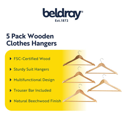 Beldray Wooden Clothes Hangers – Pack of 5 Sturdy Suit Hangers, Multifunctional Garment Hangers with Trouser Bar, Wardrobe Organiser