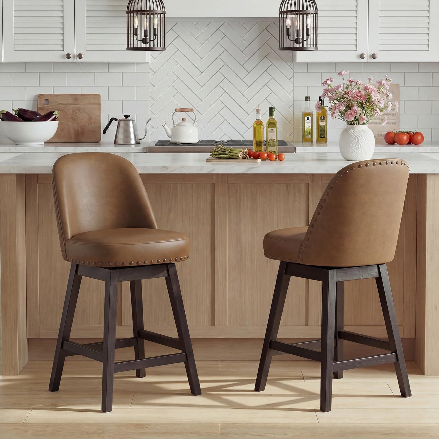 Bar Stools Set of 2, 360° Swivel Counter Stools with Upholstered Seat, Wooden Frame & Nailhead Trim