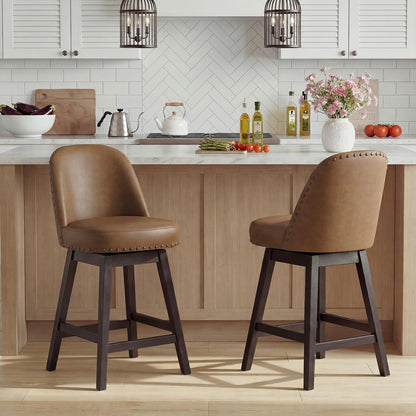 Bar Stools Set of 2, 360° Swivel Counter Stools with Upholstered Seat, Wooden Frame & Nailhead Trim