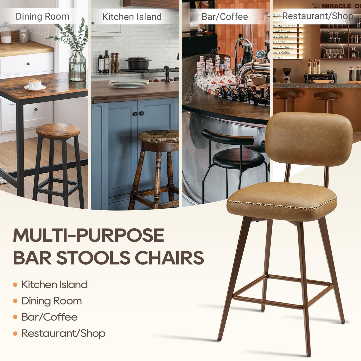 MALOL PU Leather Breakfast Bar Stools Set of 2, Swivel Kitchen Bar Chairs with Backrest and Metal Legs